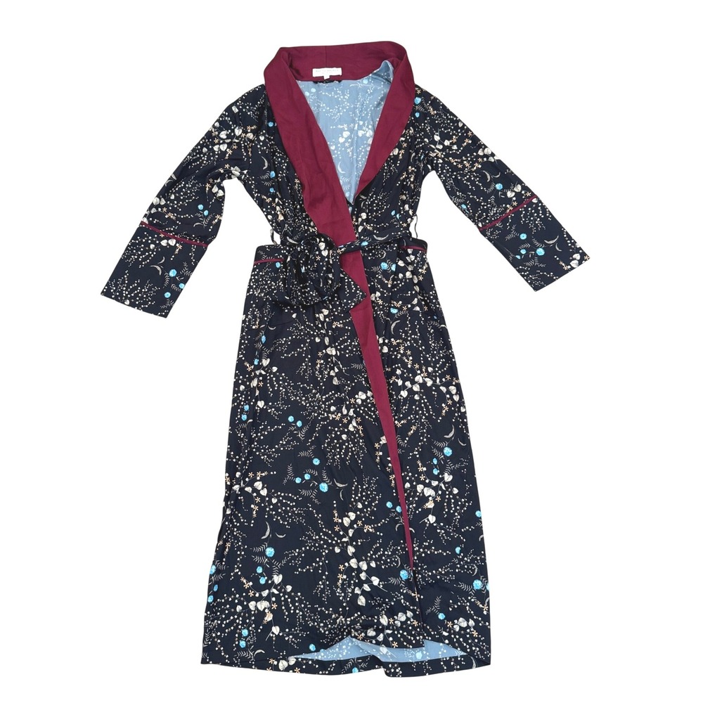 Bed to Brunch Botanical Robe Floral Print Black Burgundy Trim Women's‎ S Silky